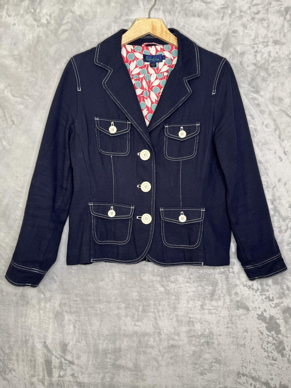 Boden Blazer Womens 10 Navy Cotton Four Button Utility Pockets Floral Lined